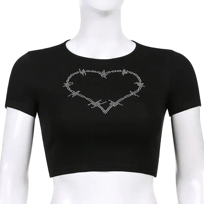 Y2K Rhinestone Heart Print Crop Tank